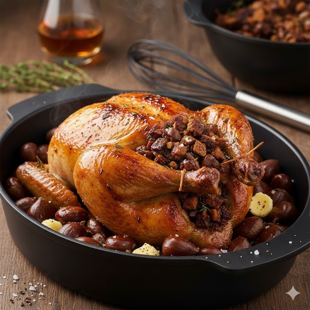Poulet rôti pain d'épices et châtaignes